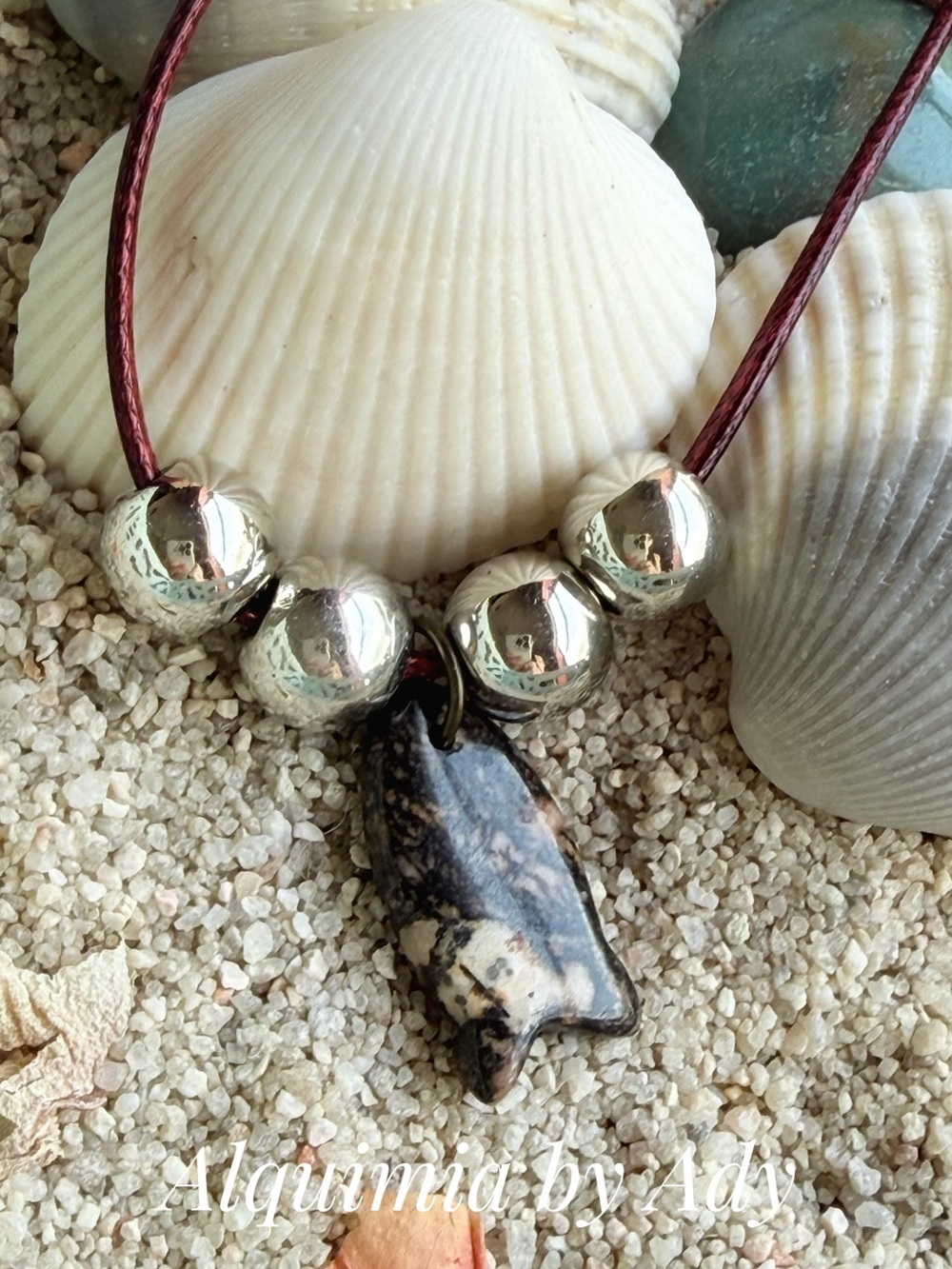 Wine cord +rhodonite fish Stone Necklace with Silver Beads